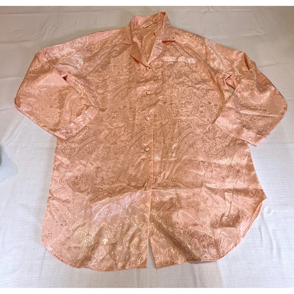 VTG Vandre Peach Paisley Jacquard Long Sleeve Button Down Nightshirt‎ Womens L